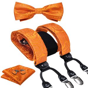 패션 실크 남자의 조정 가능한 멜빵 오렌지 페이즐리 Pre-tied Bowtie 포켓 스퀘어 커프스 단추 웨딩 파티 비즈니스 세트