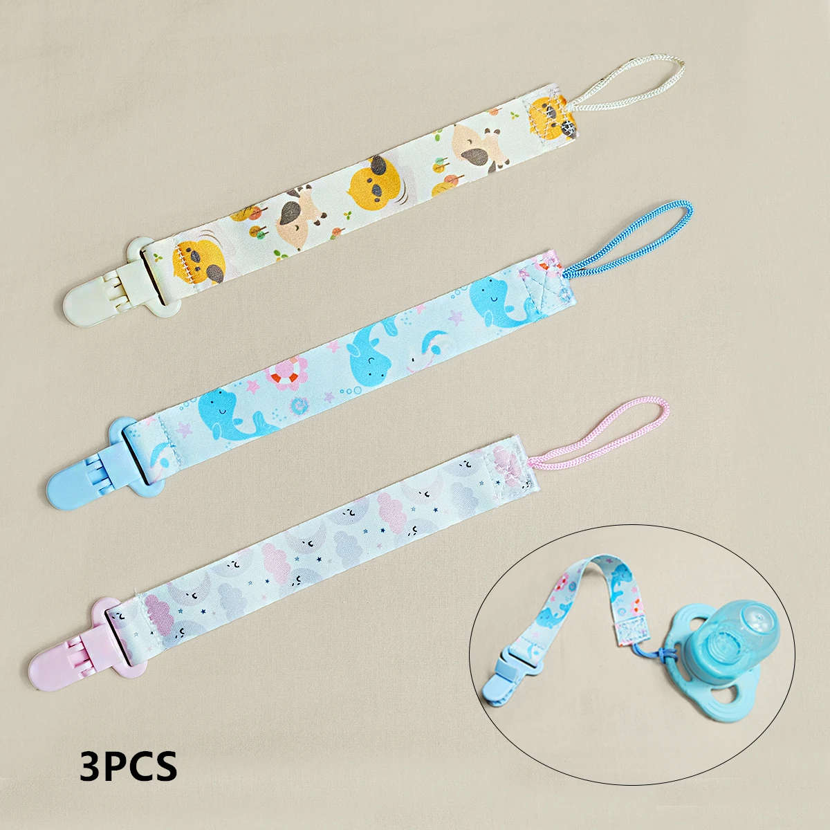체인 낙하를 방지하기 위해 3PCS 만화 인쇄 아기 젖꼭지; 아기 껌 장난감 낙하 방지 밧줄 걸이 밧줄, 병 및 젖꼭지 클립