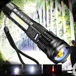 XHP50 고출력 LED 손전등, 전술 COB 사이드 라이트, 줌 가능 토치, 알루미늄 합금, USB 충전식 방수, 자기 방어