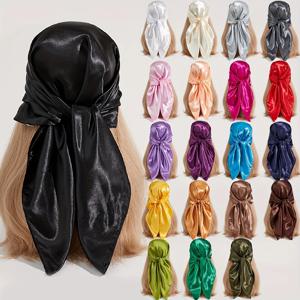 솔리드 컬러 대형 두건 클래식 새틴 스퀘어 스카프 여성 모조 실크 Neckerchief Windproof 목도리 머리 랩 헤어 액세서리
