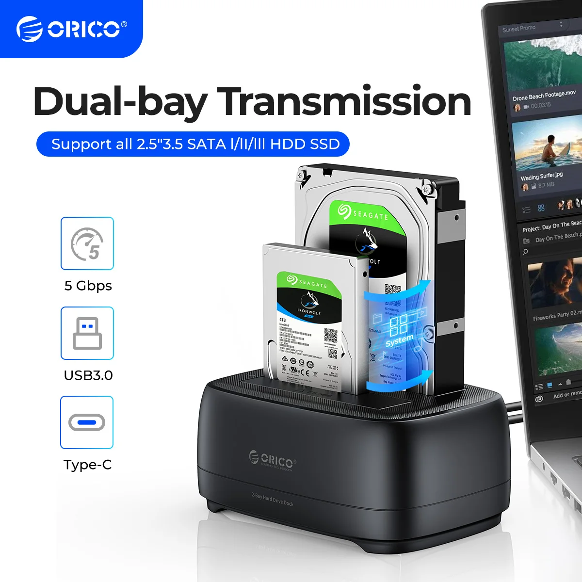 ORICO 듀얼 베이 하드 드라이브 스테이션 USB3.0 5Gbps Type-C HDD 도킹 스테이션(2.5/3.5인치 HDD/SSD용 12V 3A 전원 어댑터 포함)