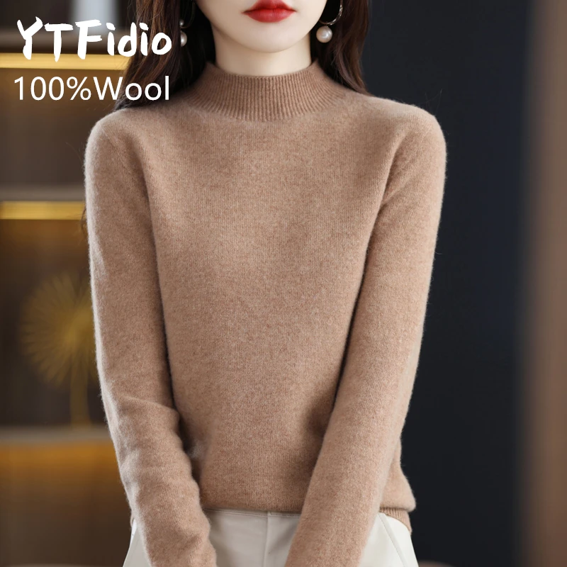 YTFidio 100% 울 여성 하프 하이 칼라 솔리드 슬림 탑 아우터 니트 풀오버 플러스 사이즈 재고 정리 세일 88