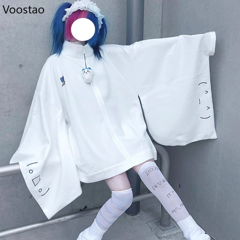 여성용 일본 카와이 화이트 후드티, Y2k 미적 오버사이즈 자수 재킷, 하라주쿠 지퍼, 그런지 루즈 스웻셔츠, 가을