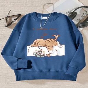 항상 자고 싶은 고양이 패턴 프린트 후드 여성 단순 따뜻한 가을 운동복 스트리트 캐주얼 남여 풀오버