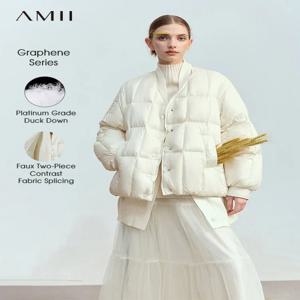 AMII 2024 겨울 신사복 어깨 슬리브 두꺼운 충돌 소재 스플 라이스 울 가짜 투피스 다운 재킷 12444054