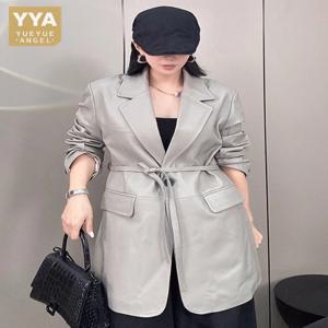 우아한 오피스 레이디 정품 가죽 세트 재킷, 싱글 단추 루즈핏, 하이 웨이스트, 미디엄 롱 패션, 여성 양가죽 코트