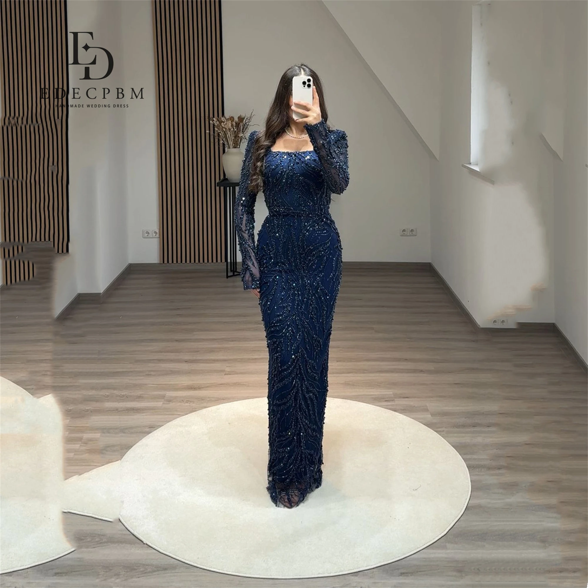EDECPBM 우아한 럭셔리 이브닝 드레스 2025 레이스 구슬 자수 네이비 블루 맞춤형 여성 럭셔리 이브닝 드레스 브랜드 인어