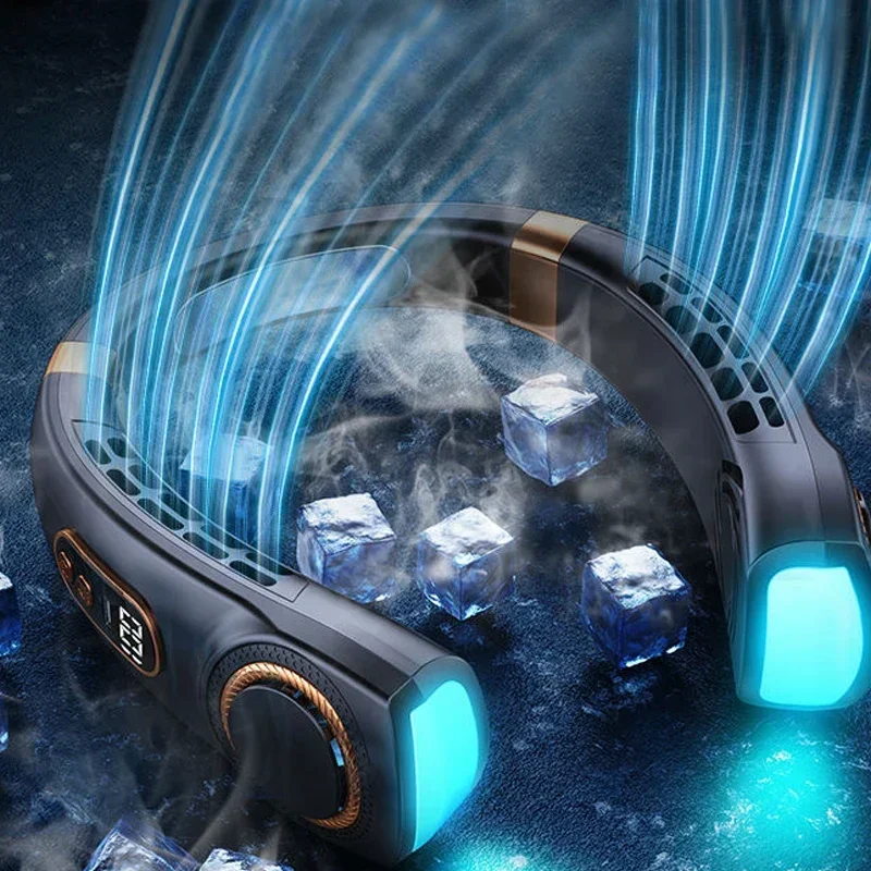휴대용 목 팬, LED 핸즈프리 블레이드리스, 5개 속도, 4000mAh 배터리 작동식 웨어러블 개인 팬, 비틀기 가능, 충전식