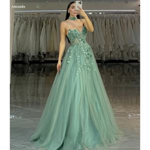 아만다 맞춤형 그린 스팽글 Strapless a 라인 댄스 파티 드레스 메쉬 패브릭 vestidos de noche 바닥 길이 정장 저녁 2025
