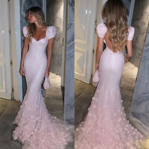 맞춤형 고품질 v 넥 바닥 길이 핑크 아플리케 반팔 등이없는 인어 فساتين نسائيه ماركة Vestidos De Gala
