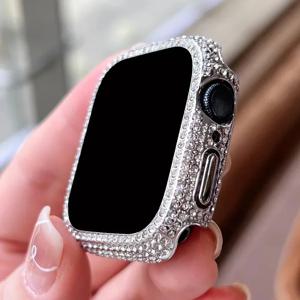 Apple Watch 38/40/41/42/44/45/46mm, 시리즈 SE/10/9/8/7/6/5/4/3/2 용 라인 석 장식 강화 유리 화면 보호기 시계 케이스