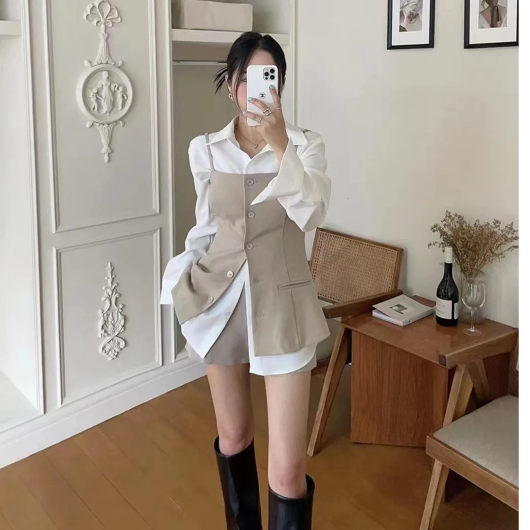 한국 스타일 가을 신상 루즈핏 긴팔 셔츠 + 싱글 버튼 수트 칼라 스트랩 조끼 패셔너블하고 고급스러운 폴로 칼라 의상 세트