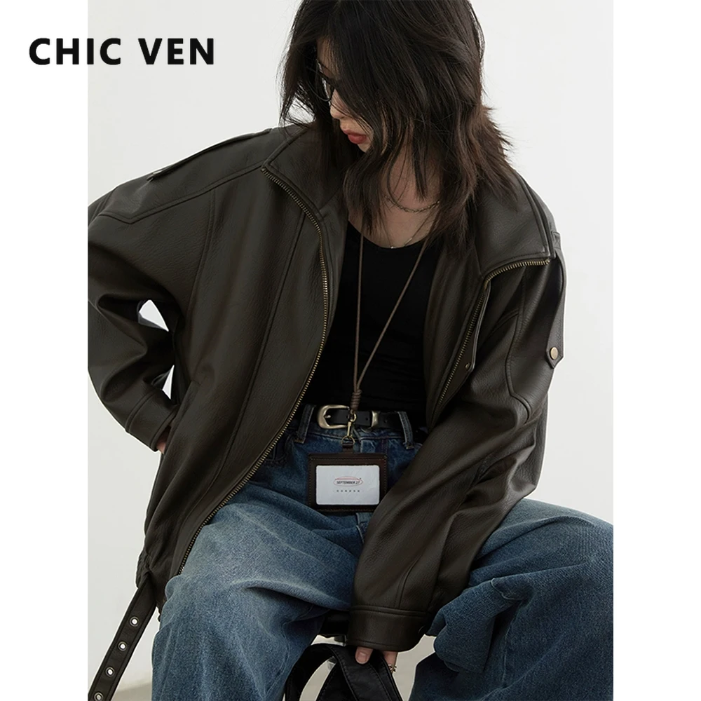 CHIC VEN 여성 PU 재킷 신상 루즈핏 레트로 오토바이 인조 가죽 퀼팅 코트 여성 오버코트 두꺼운 따뜻한 2025 봄 가을 상의