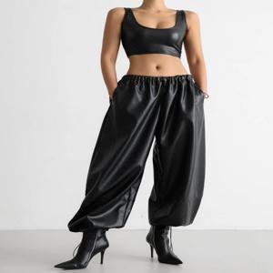 Wolfeel 여성용 신상 가을 겨울 PU 가죽 바지 드로스트링 발목 커프 랜턴 루즈 패션 레트로 바지