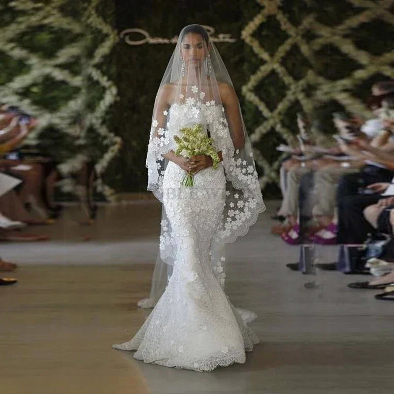 신부 베일 3D 꽃 긴 웨딩 베일 Mantilla 웨딩 액세서리 아플리케 레이스 꽃 맞춤형