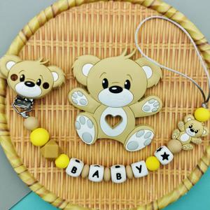 사용자 정의 영어 러시아어 실리콘 편지 이름 아기 곰 실리콘 비즈 펜던트 젖꼭지 클립 체인 Teether 아기 Kawaii 장난감 선물