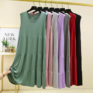 모달 민소매 원피스 여름 얇은 큰 사이즈 루즈핏 A라인 스커트 스플라이싱 케이크 스커트 단색 잠옷 원피스 베이스 원피스