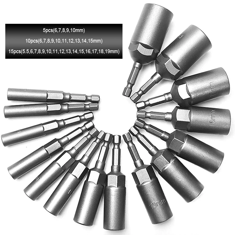 5/10/15Pcs 80mm 길이 심화 전원 너트 드라이버 드릴 비트 세트 전동 공구 용 5.5-19MM 충격 소켓 어댑터 6.35MM 육각 섕크