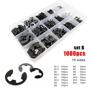 580/1000pcs M1.2 M1.5 M2 M3 M4 M5 M6 M8 M10 M12 M15 검정색 탄소강 샤프트 외부 고정 링 E 클립 스냅 서클립 와셔