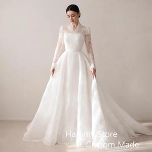 맞춤형 V넥 긴팔 A라인 사우디 아라비아 신부 가운, 절묘한 레이스 웨딩 원피스, 스윕 트레인 아라비아 신부 드레스