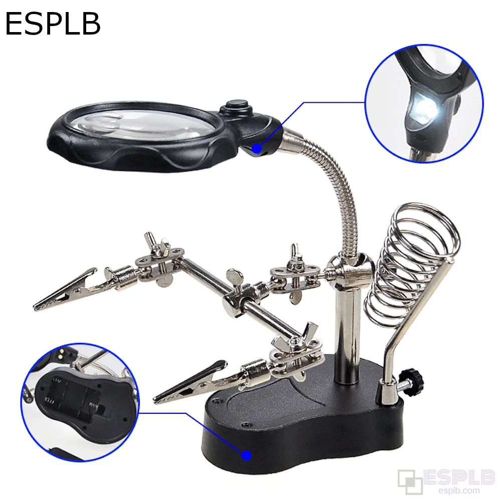 ESPLB 3.5X 12X 돕는 손 세 번째 손 납땜 인두 용접 스탠드 스테이션 2 LED 클립 용접 돋보기 돋보기
