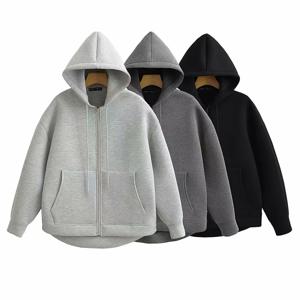 가을 여성용 회색 후드 재킷 긴 소매 큰 주머니 지퍼 재킷 코트 여성 루즈 캐주얼 아우터웨어 코트 탑스
