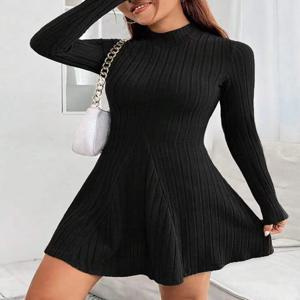 여성 슬림핏 하프 하이 칼라 허리 신칭 A라인 스커트 긴팔 핏 스트라이프 드레스