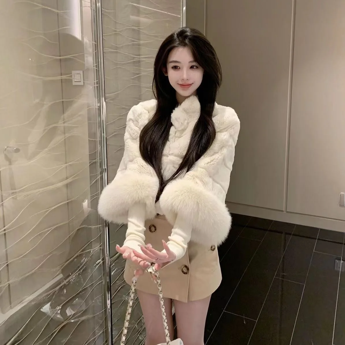 겨울 폭스 신상 숏 두꺼운 퍼 소매 친환경 보온 코트 여성 패션 아우터웨어 퀼팅 스탠드 칼라 코트