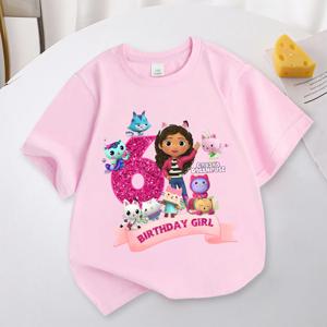 Gabbys Dollhouses 생일 번호 티셔츠 소녀 화이트 핑크 반팔 티셔츠 탑 코튼 여름 캐주얼 파티 용품 티