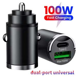 듀얼 포트 범용 자동차 초고속 충전기 100W 미니 자동차 충전기 USB 유형 C QC3.0 PD 빠른 충전 12-24V 풀 링 자동차 어댑터