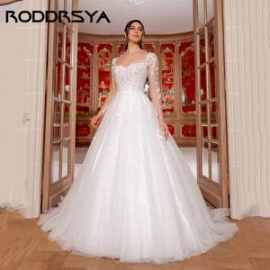 RODDRSYA A 라인 Tulle Bridal Dresses 분리형 긴 소매 V 백 아플리케 웨딩 드레스 Sweetheart robe de mariée Customized