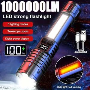 고출력 LED 손전등 야외 캠핑 하이킹을위한 측면 조명 토치가있는 강력한 TYPE-C 충전식 COB 손전등