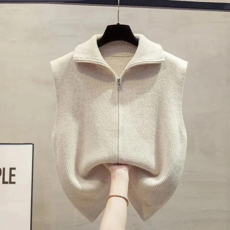 더블 지퍼 조끼 여성 스웨터 가을 민소매 스웨터 조끼 스탠드 칼라 솔리드 컬러 외부 서양식 조끼 여성