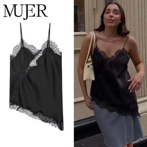 MUJER 여성용 블랙 레이스 탑, 섹시한 백리스 캐미솔 탑, 2025 여름 민소매 여성용 탑 스트랩 비치 탑