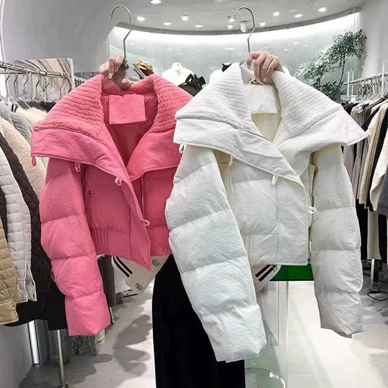 여성 겨울 두꺼운 따뜻한 파카 한국 패션 니트 빅 칼라 짧은 다운 코튼 코트 streetwear 다목적 지퍼 아웃웨어