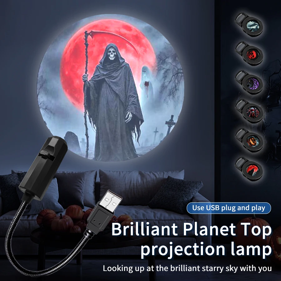 Led 할로윈 문 램프 USB 프로젝터 야간 조명 천장 벽 분위기 무드 라이트 조절을위한 크리스마스 휴일 장식품