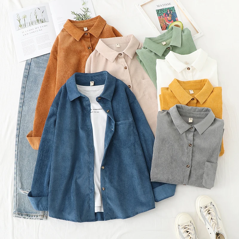 코듀로이 여성 블라우스 셔츠 튜닉 여성상의와 블라우스 2024 Womenswear 긴 소매 의류 버튼 업 루즈 화이트 New