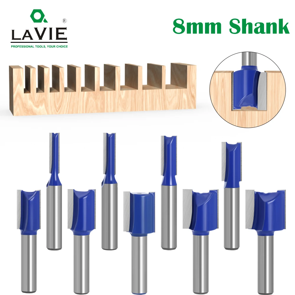 LAVIE 1개 8mm 샹크 스트레이트 비트 더블 플루트 라우터 비트 목재용 밀링 커터 목공 도구 C08-002