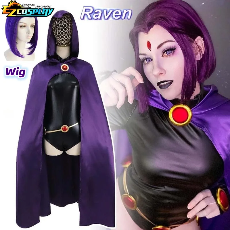Teen Titans Raven 코스프레 의상 디럭스 점프 슈트 망토 벨트 정장 할로윈 유니폼 여성용 XS-3XL