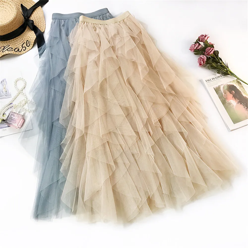 새로운 패션 투투 Tulle 스커트 여성 긴 맥시 스커트 봄 여름 한국 블랙 핑크 하이 웨스트 플리츠 스커트 여성