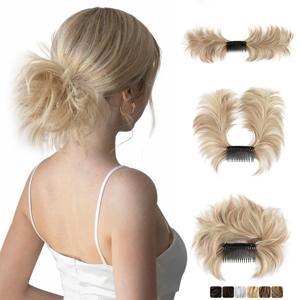 SARLA 합성 지저분한 헤어 번들 확장 클립 헤어 피스 곱슬 머리 Chignon Scrunchies 여성용 도넛 Updo 헤어 피스