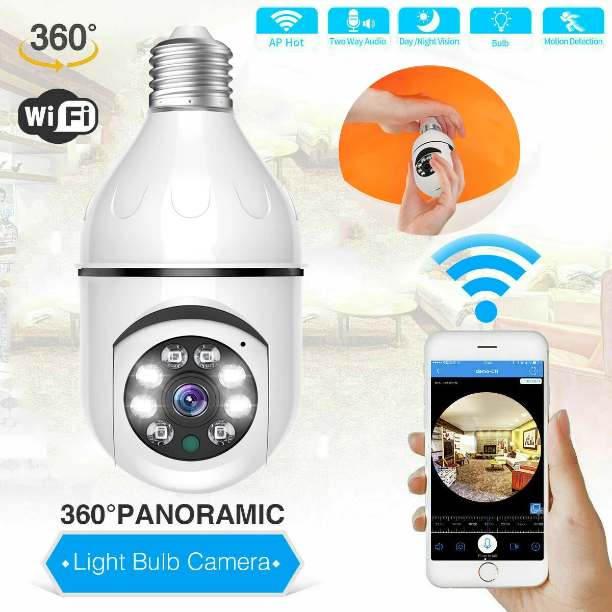 무선 전구 카메라 와이파이 E27 전구 카메라 360도 와이파이 보안 카메라 풀 컬러 고화질 야간 투시경