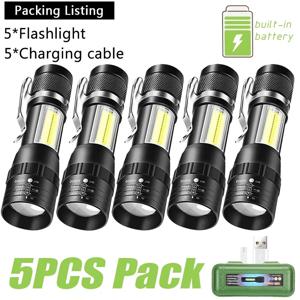 1-5PCS 미니 LED 손전등 줌 토치 COB + XPE 램프 내장 배터리 램프 펜 클립과 야외 방수 비상 포켓 라이트