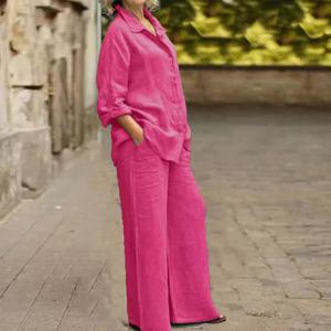 휴일 와이드 리넨 2 조각 세트 패션 옷깃 긴 소매 단추 블라우스와 바지 복장 느슨한 넓은 다리 바지 정장