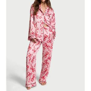 HEZIOWYUN 여성 2Pcs 새틴 잠옷 Loungewear 세트 긴 소매 옷깃 넥 보우/스타 프린트 셔츠 탑 + 신축성있는 허리 바지 잠옷
