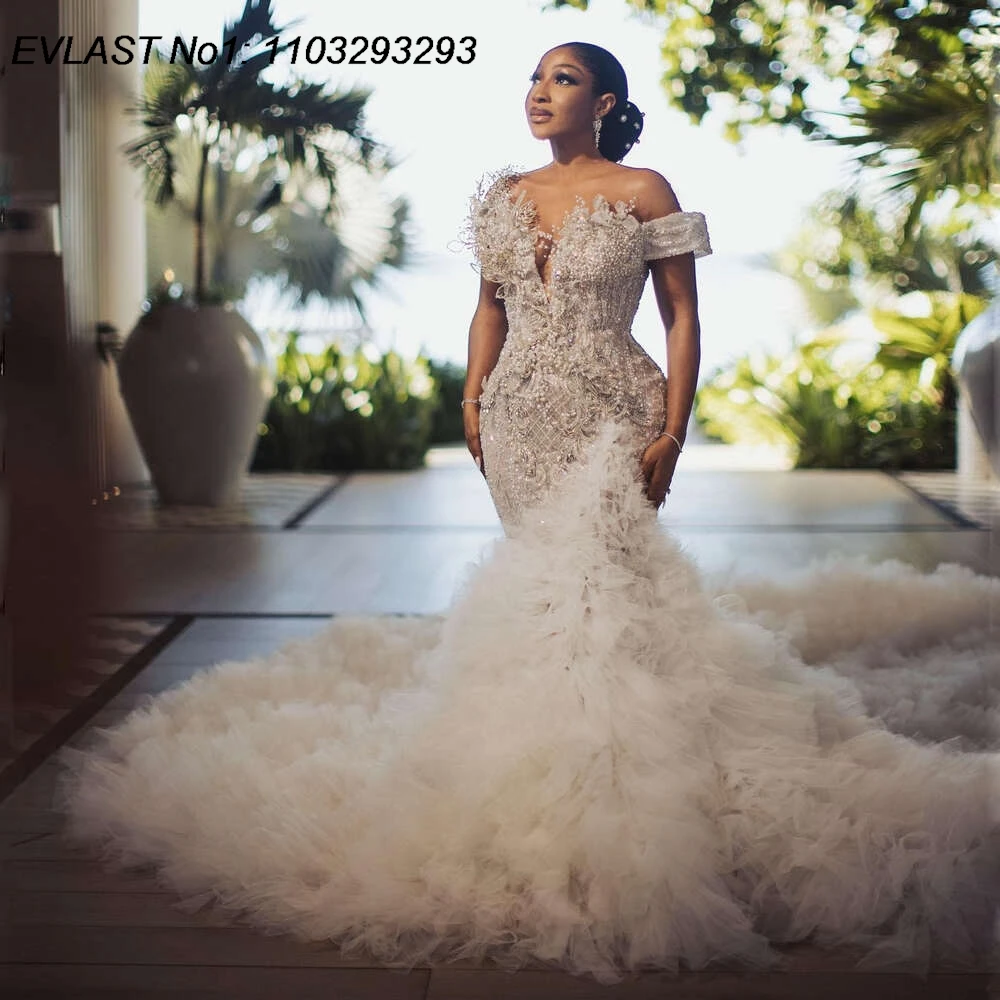 EVLAST 맞춤형 2025 인어 프릴 웨딩 드레스 Applique Beading Vestido De Novia 계층화 된 신부 가운 Robe De Mariee TMD47