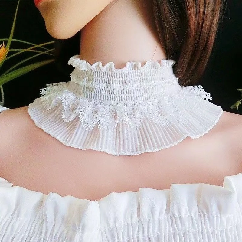 레이스 넥 장식 가짜 칼라 하이 넥 커버 따뜻한 스카프 스탠드 칼라 분리형 넥 스트랩 탄성 프릴 블라우스 칼라