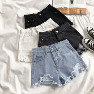 한국어 데님 반바지 여성 여름 패션 캐주얼 하이 웨스트 찢어진 청바지 포켓 술 Y2K 핫 바지 streetwear 블루 바지