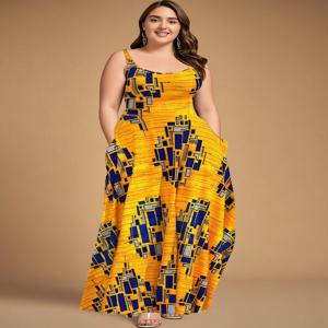 여성 여름 드레스 비치 기하학 인쇄 탱크 드레스 U 넥 민소매 Sundress 포켓 맥시 드레스 플러스 사이즈 여성 의류