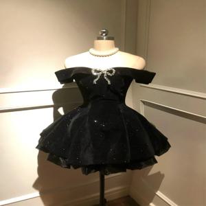 블랙 프랑스어 빈티지 우아한 디자인 여자 드레스 고딕 오프 어깨 레트로 미니 드레스 여성 요정 생일 파티 세련된 의상